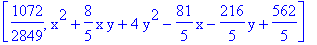 [1072/2849, x^2+8/5*x*y+4*y^2-81/5*x-216/5*y+562/5]